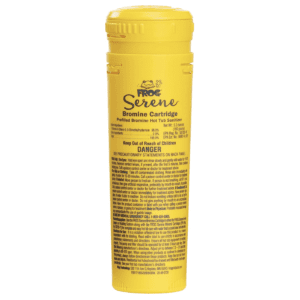 A FROG Serene Bromine Replacement Cartridge for Hot Tubs with a yellow label on it.